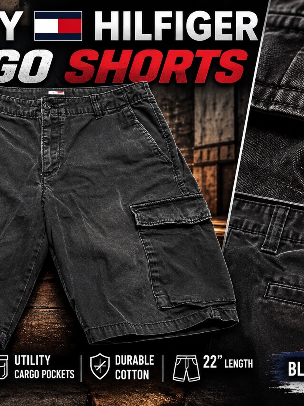 Tommy Hilfiger Mens 32 Black Cargo Shorts Relaxed Fit Utility Pockets 22”